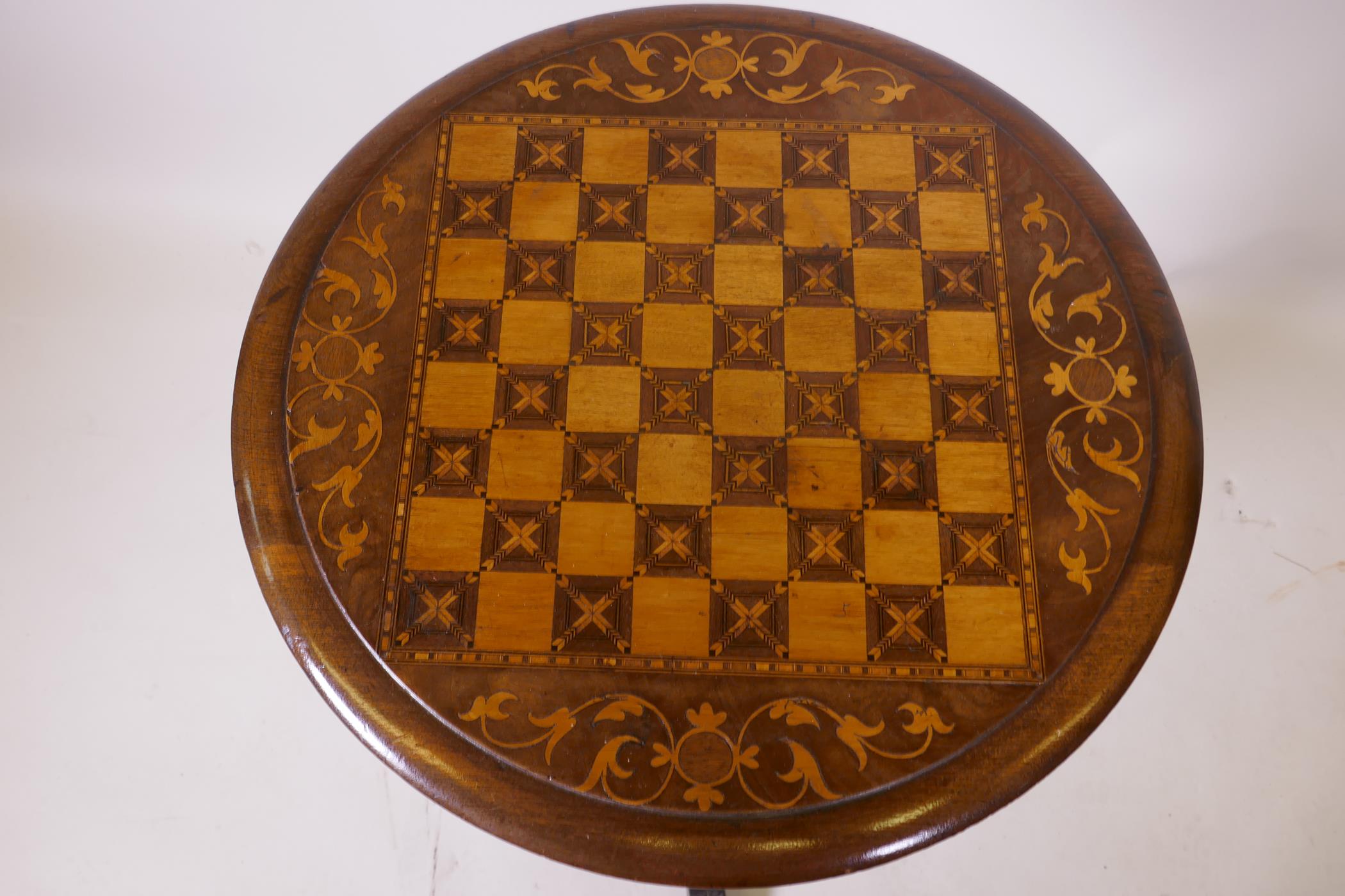 A C19th inlaid mahogany trumpet work box/games table with parquetry checkerboard top, turned support - Image 4 of 4