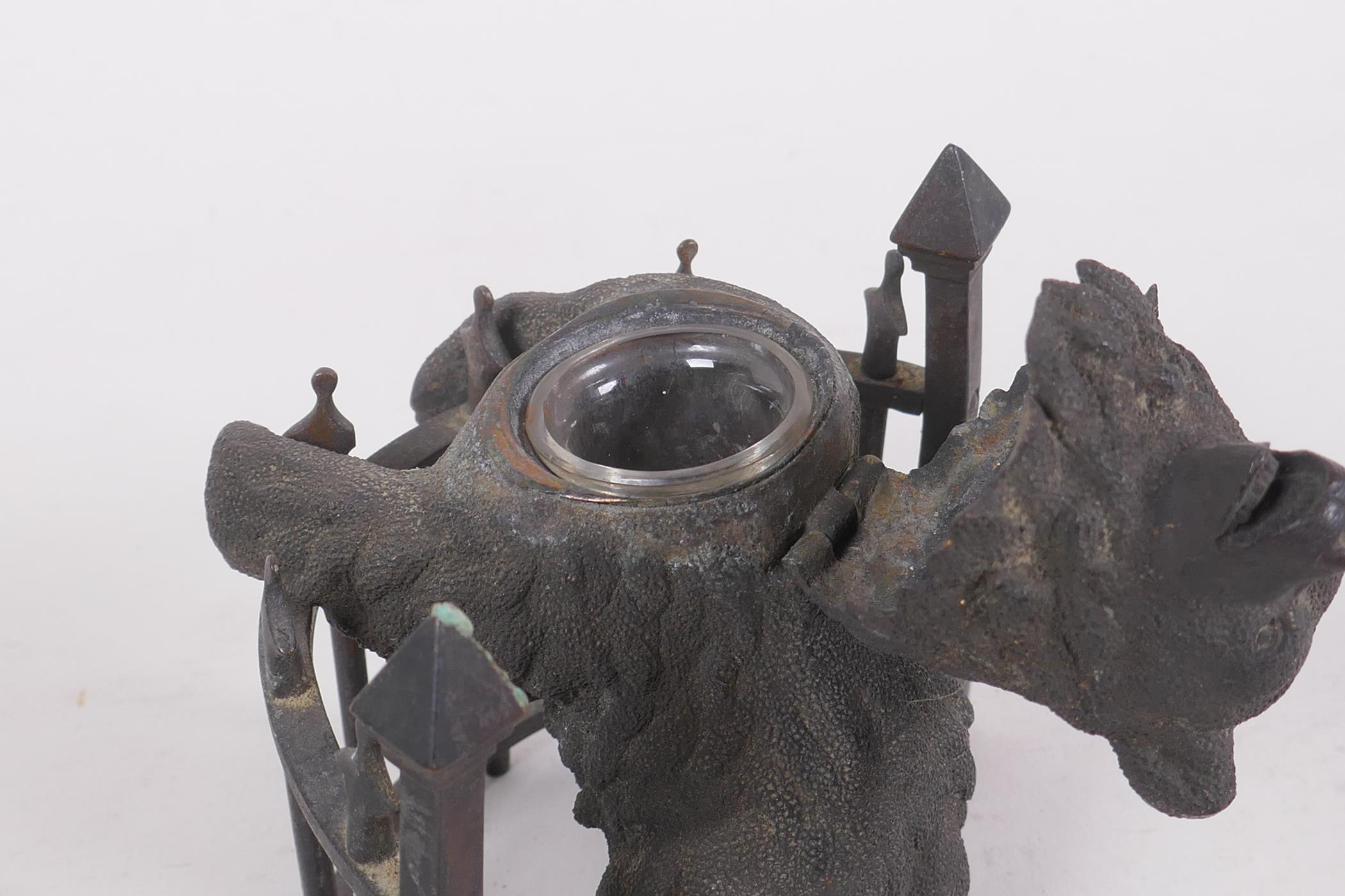 A C19th finely cast patinated bronze inkwell in the form of a bear behind railings, 12cm high - Image 5 of 7