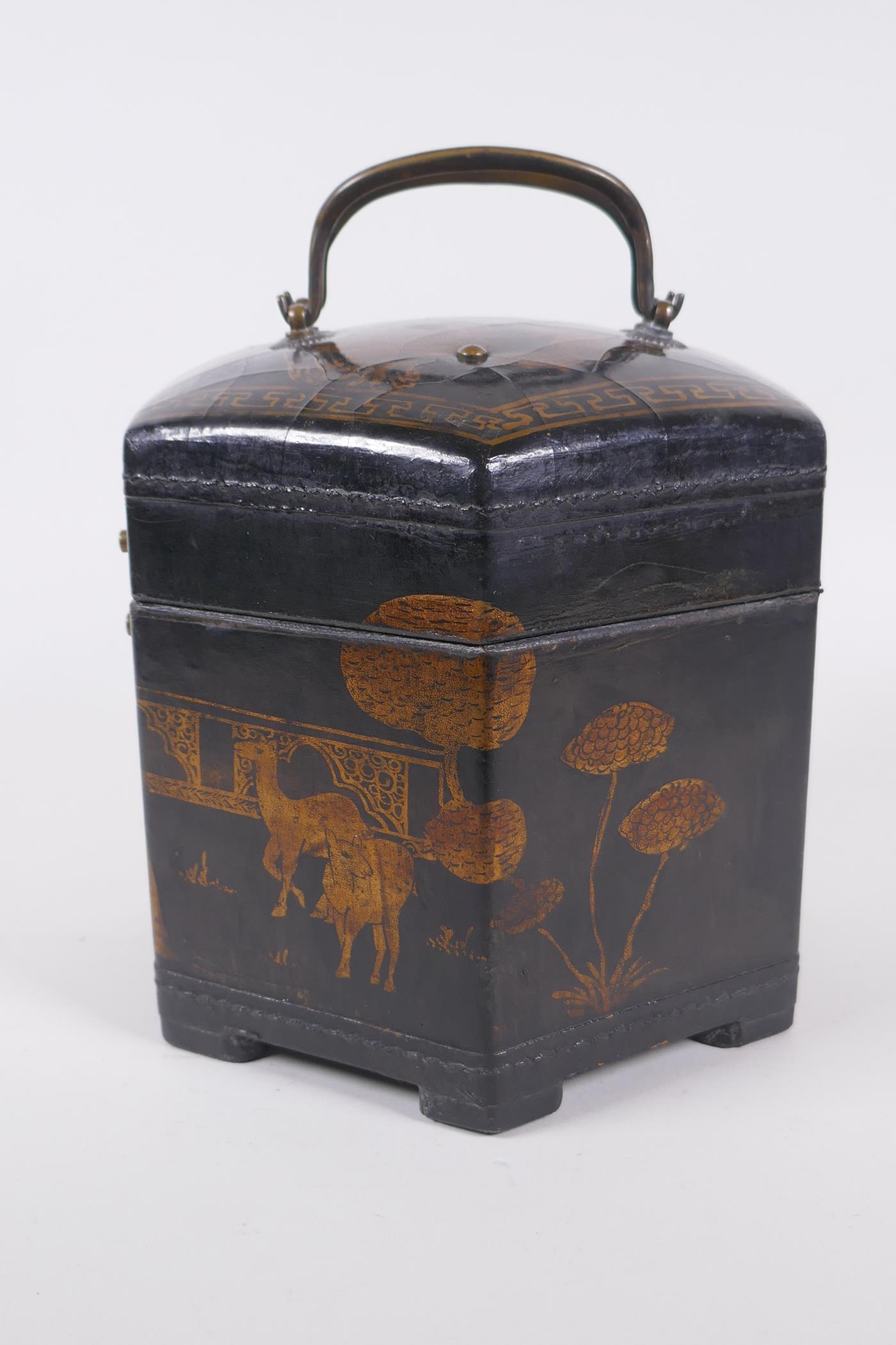 A Chinese black lacquer caddy of hexagonal form with gilt chinoiserie decoration and brass mounts, - Image 4 of 9