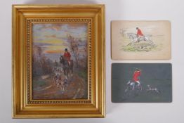 Martin Howard, huntsmen and hounds at sunset, signed, oil on canvas, and a pair of watercolours of