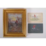 Martin Howard, huntsmen and hounds at sunset, signed, oil on canvas, and a pair of watercolours of