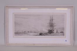 William Lionel Wyllie, HMS Victory firing its canons in Portsmouth Harbour, etching, signed in