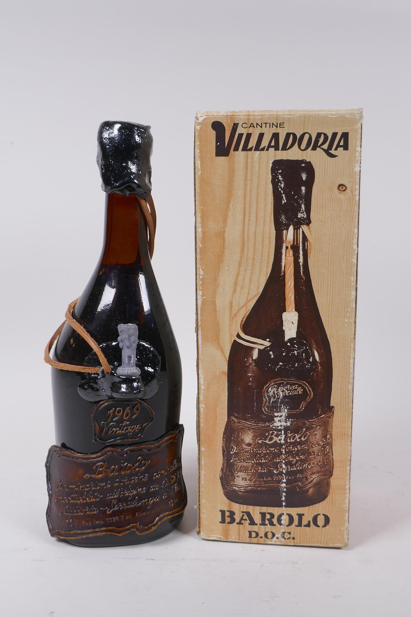 A bottle of Villadoria Barolo Riserva Speciale, 1969, 72cm, with original box