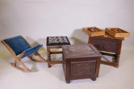 A carved oak box stool, coal box, gout stool, and oak stool with tapestry seat, raised on