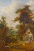 Rural scene, a woman feeding chickens by a cottage,  C19th oil on canvas, 25 x 30cm