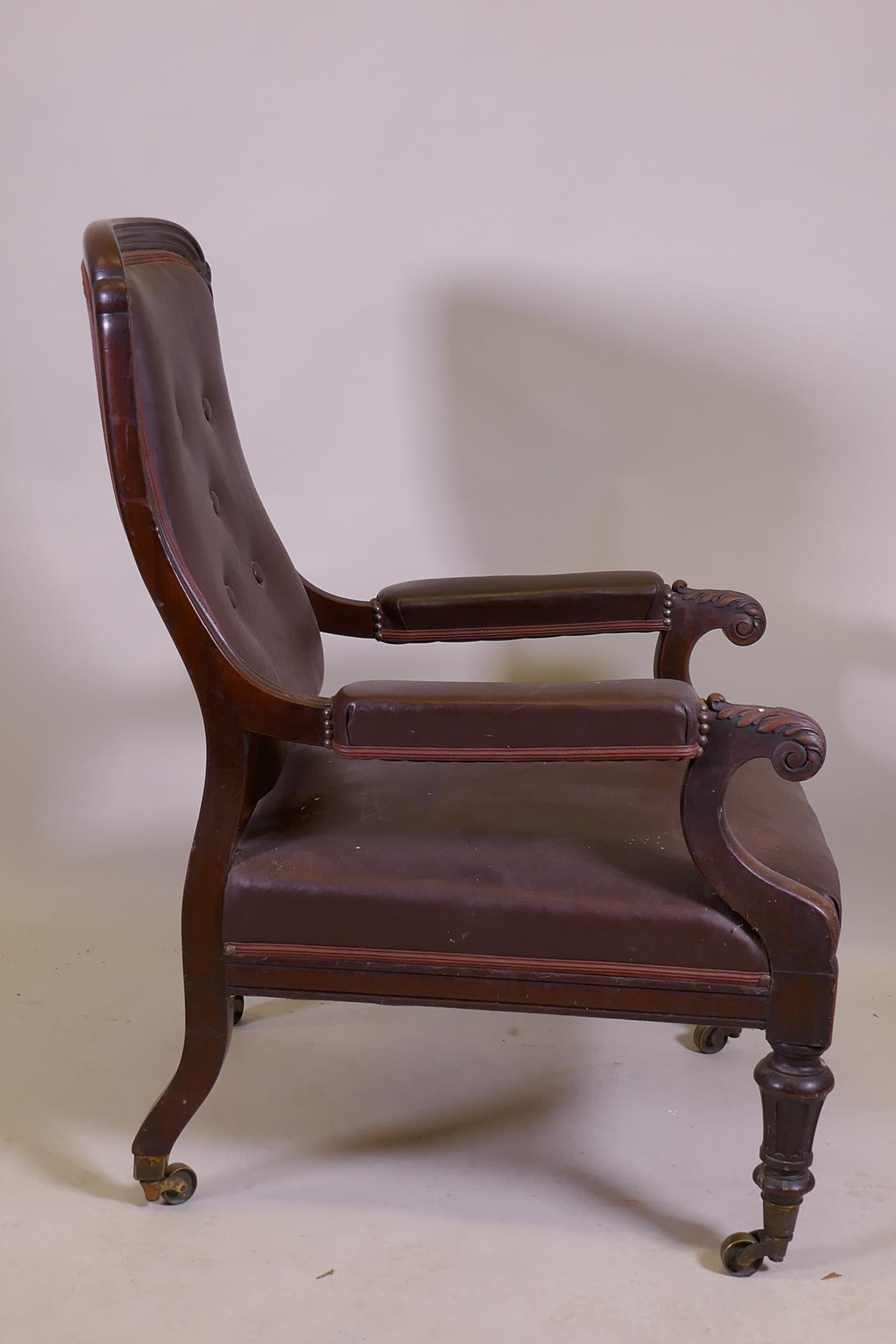 A C19th mahogany show frame armchair with reeded frame and carved and scrolled arms, raised on - Image 5 of 7