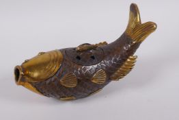 A Chinese gilt bronze censer and cover in the form of a carp, 22cm long, mark to base