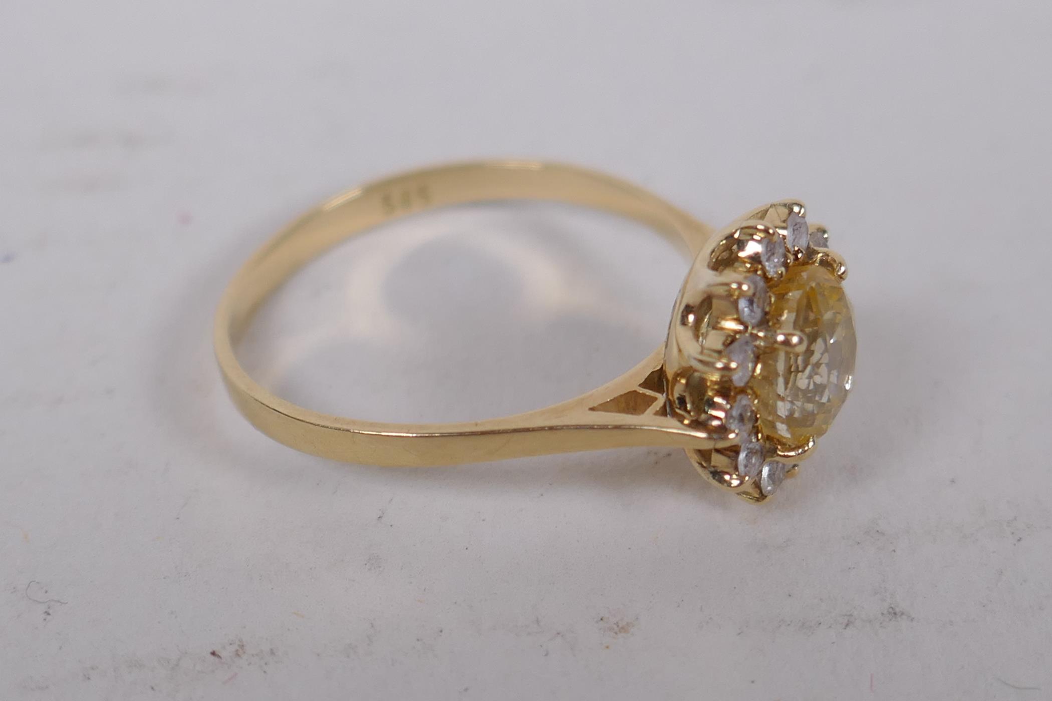 14ct gold ring set with central yellow sapphire surrounded by white sapphires, size N/O - Image 5 of 7