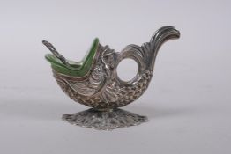 A continental silver salt in the form of a fish, with green glass liner, marked 835, J.H. makers