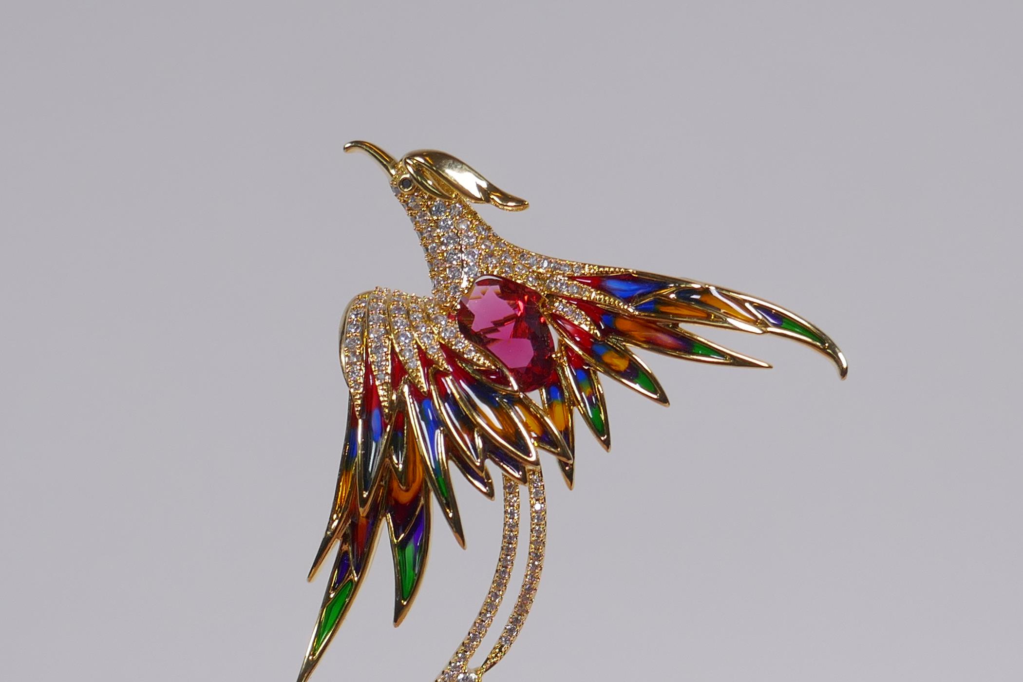 A gilt metal and plique a jour phoenix brooch, 7cm long - Image 2 of 2