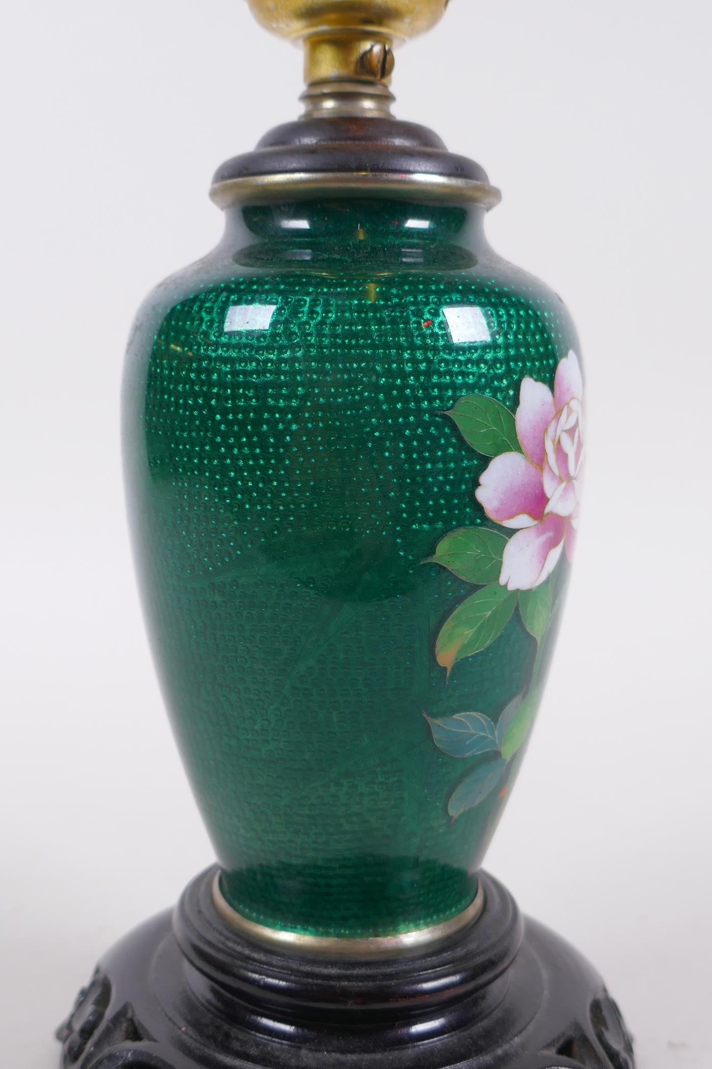 A Japanese green Ginbari enamel cloisonne vase with floral decoration, converted to a lamp, 24cm - Image 4 of 4