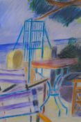 Andre Bicat, view of a table and chairs by the sea, pastel on paper, and a watercolour by the same