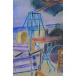Andre Bicat, view of a table and chairs by the sea, pastel on paper, and a watercolour by the same