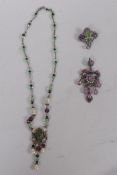 A C19th French silver pendant set with pink and green crystal stones and seed pearls, 7cm long, a