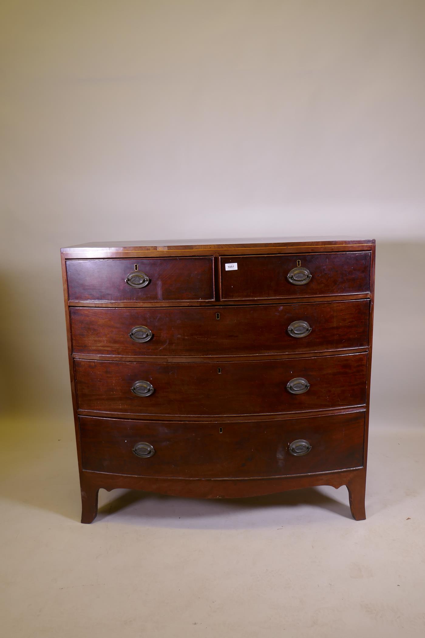 George III mahogany bowfront chest of two over three drawers with cockbeeded detail and brass - Image 2 of 4