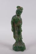 A Chinese reconstituted green hardstone figure of Quan Yin, 20cm high