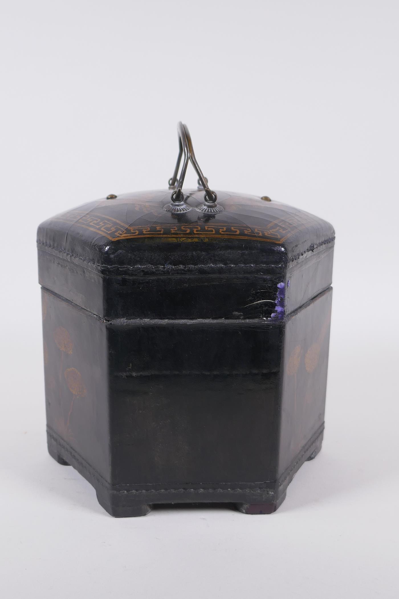 A Chinese black lacquer caddy of hexagonal form with gilt chinoiserie decoration and brass mounts, - Image 3 of 9