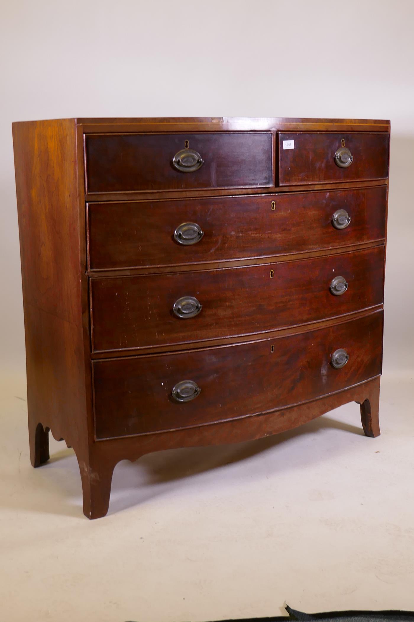George III mahogany bowfront chest of two over three drawers with cockbeeded detail and brass - Image 3 of 4