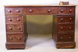 A George III mahogany pedestal desk, with leather inset top and nine drawers, AF, 120 x 72cm, 75cm