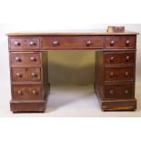 A George III mahogany pedestal desk, with leather inset top and nine drawers, AF, 120 x 72cm, 75cm