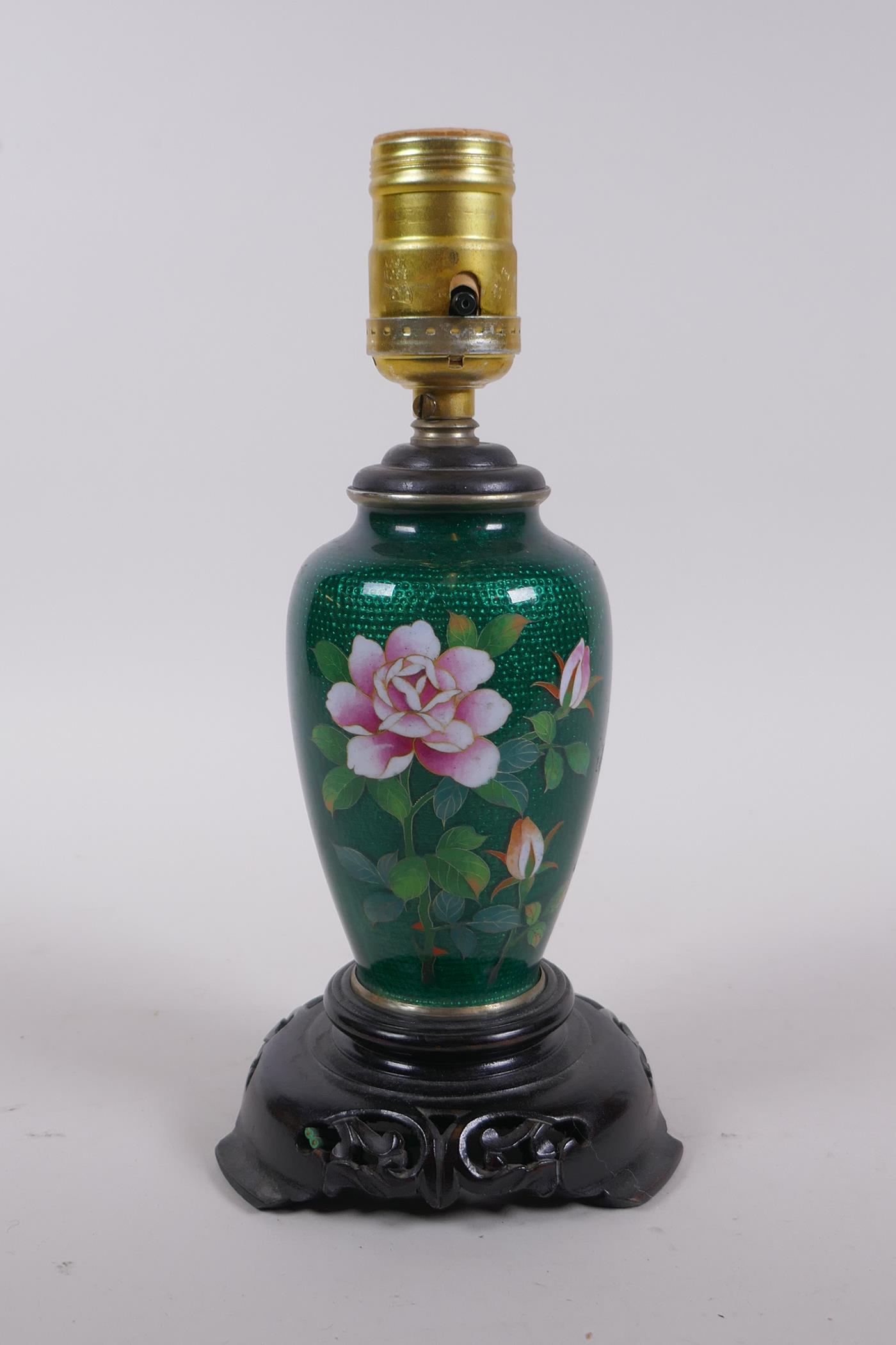 A Japanese green Ginbari enamel cloisonne vase with floral decoration, converted to a lamp, 24cm
