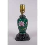 A Japanese green Ginbari enamel cloisonne vase with floral decoration, converted to a lamp, 24cm