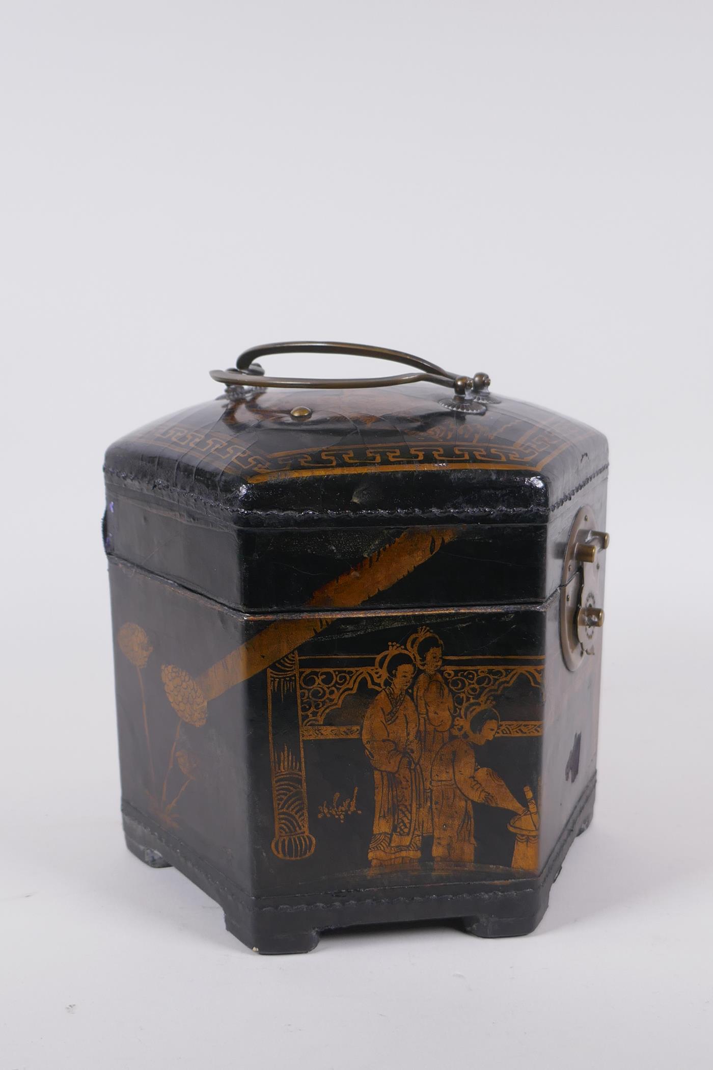 A Chinese black lacquer caddy of hexagonal form with gilt chinoiserie decoration and brass mounts, - Image 2 of 9