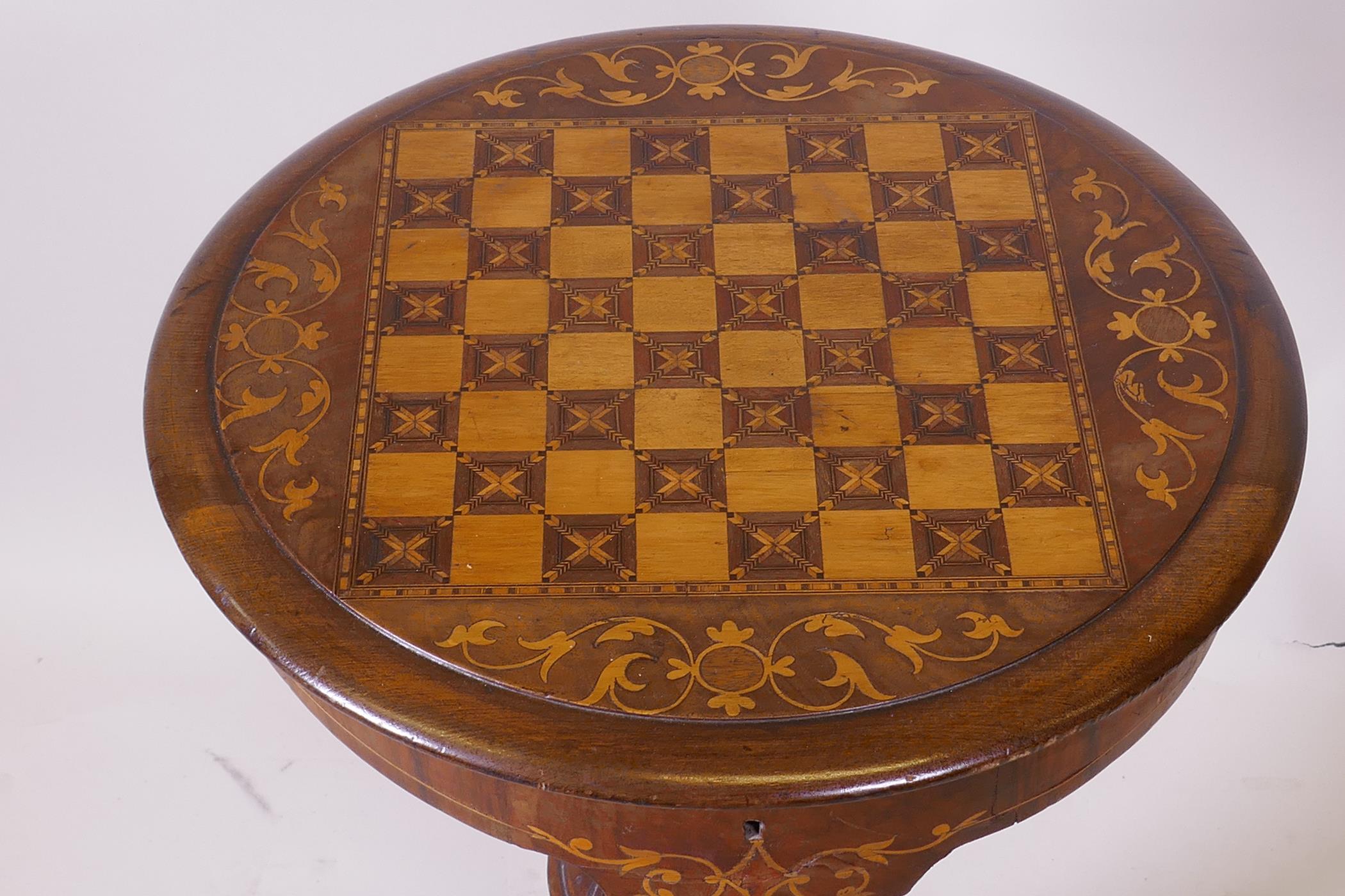 A C19th inlaid mahogany trumpet work box/games table with parquetry checkerboard top, turned support - Image 2 of 4