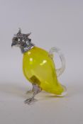 A yellow glass and silver plated cockatoo claret jug, 16cm high