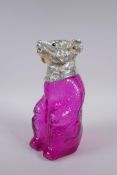 A silver plate and cranberry glass bear decanter, 22cm high