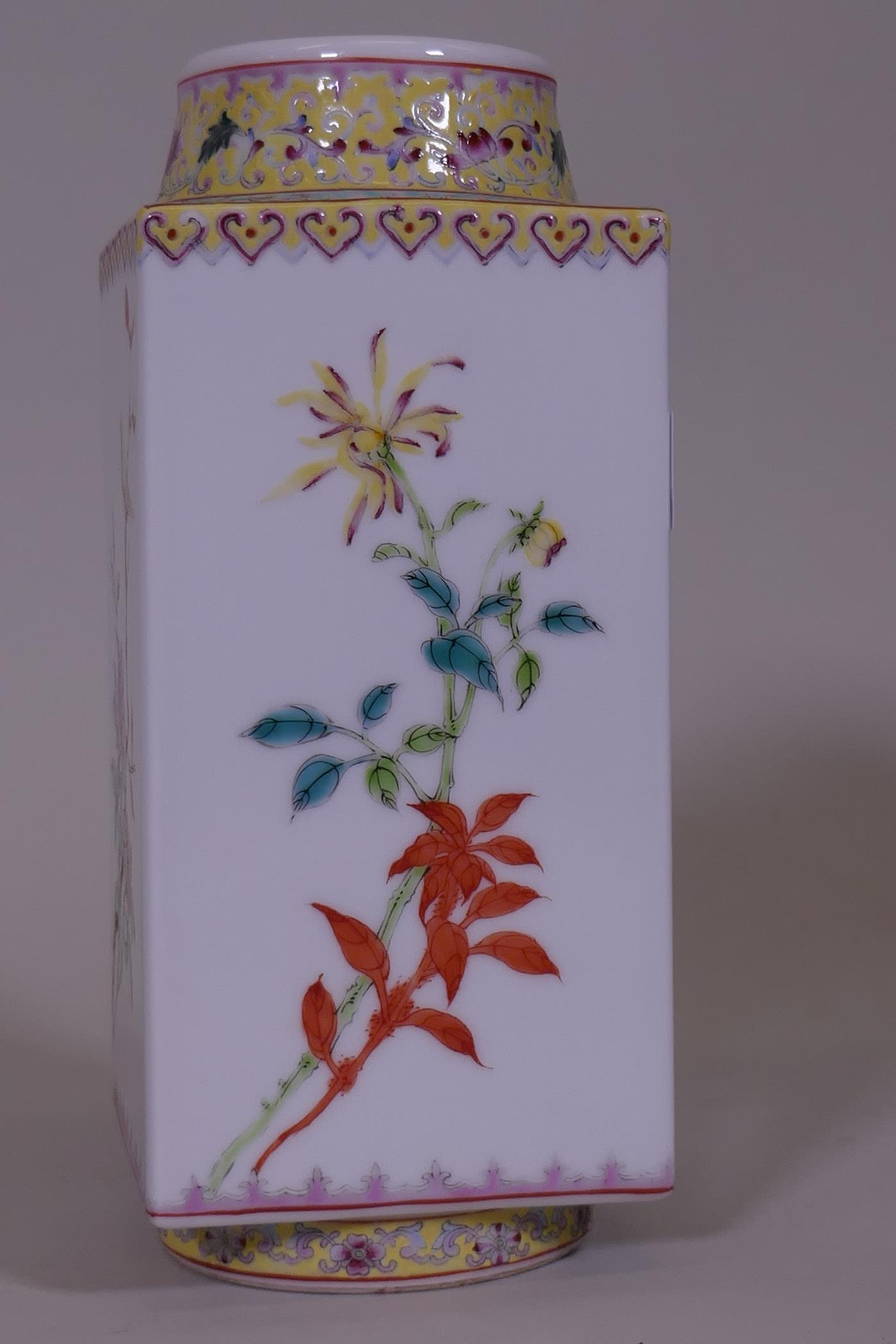 A Chinese cong vase, decorated with birds and flowers, red seal mark to base, 23cm high - Image 4 of 5