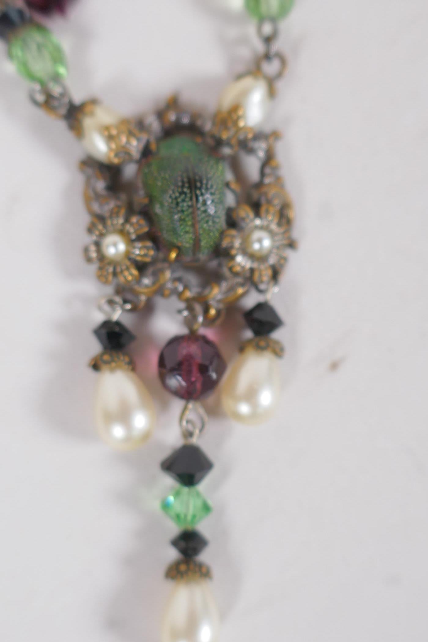 A C19th French silver pendant set with pink and green crystal stones and seed pearls, 7cm long, a - Image 4 of 4