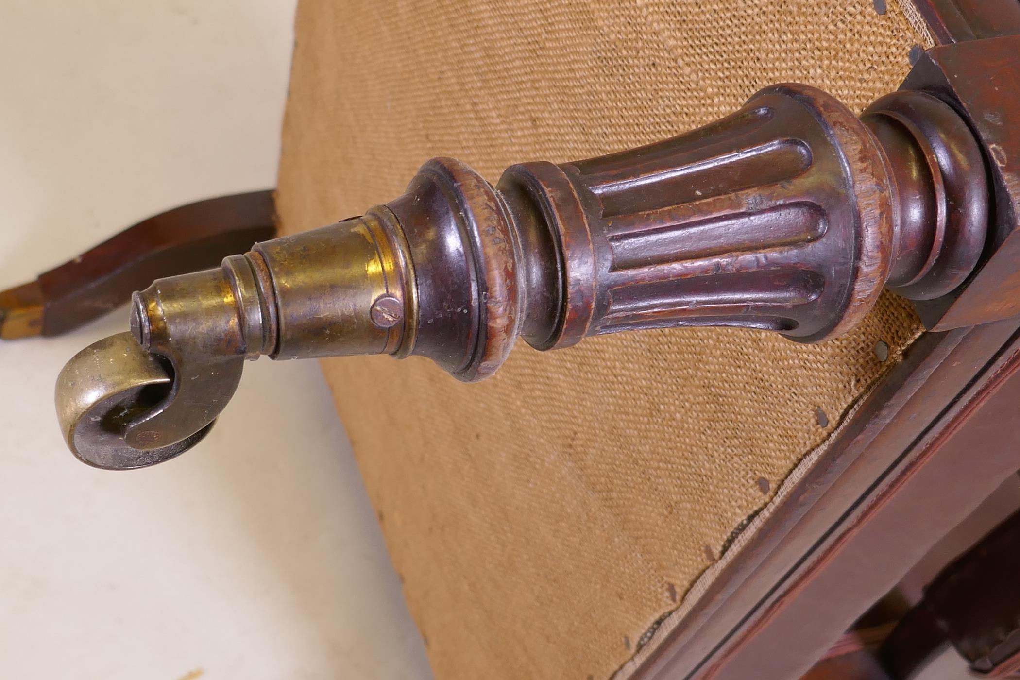 A C19th mahogany show frame armchair with reeded frame and carved and scrolled arms, raised on - Image 4 of 7