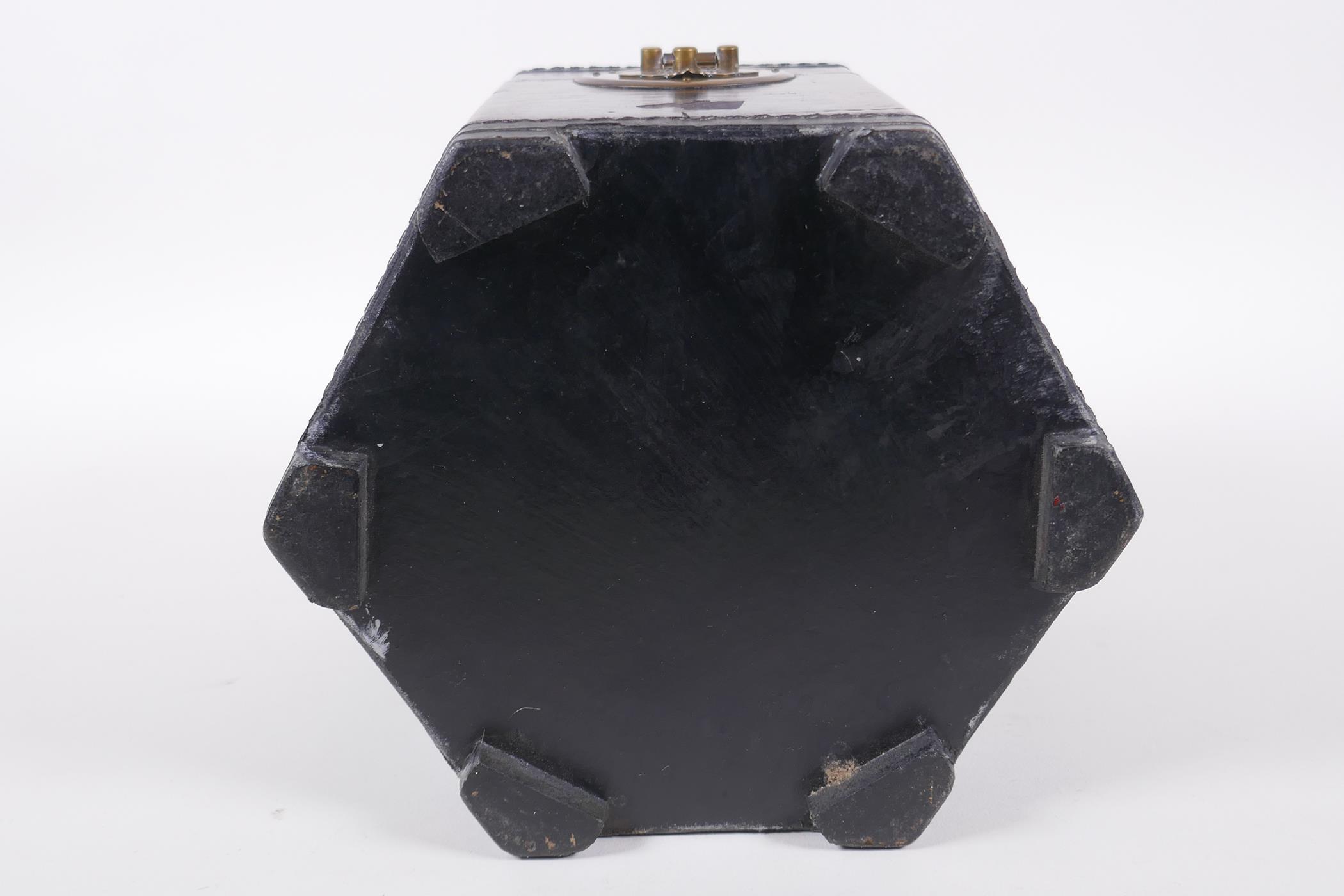A Chinese black lacquer caddy of hexagonal form with gilt chinoiserie decoration and brass mounts, - Image 9 of 9