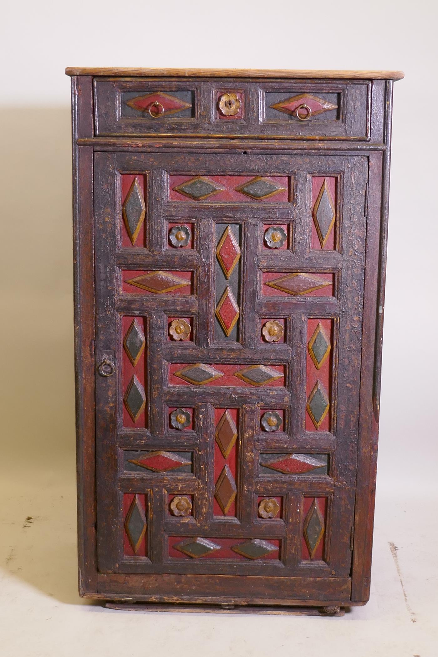 An early C19th east European painted pine cupboard, with moulded decoration, single drawer over - Image 2 of 4
