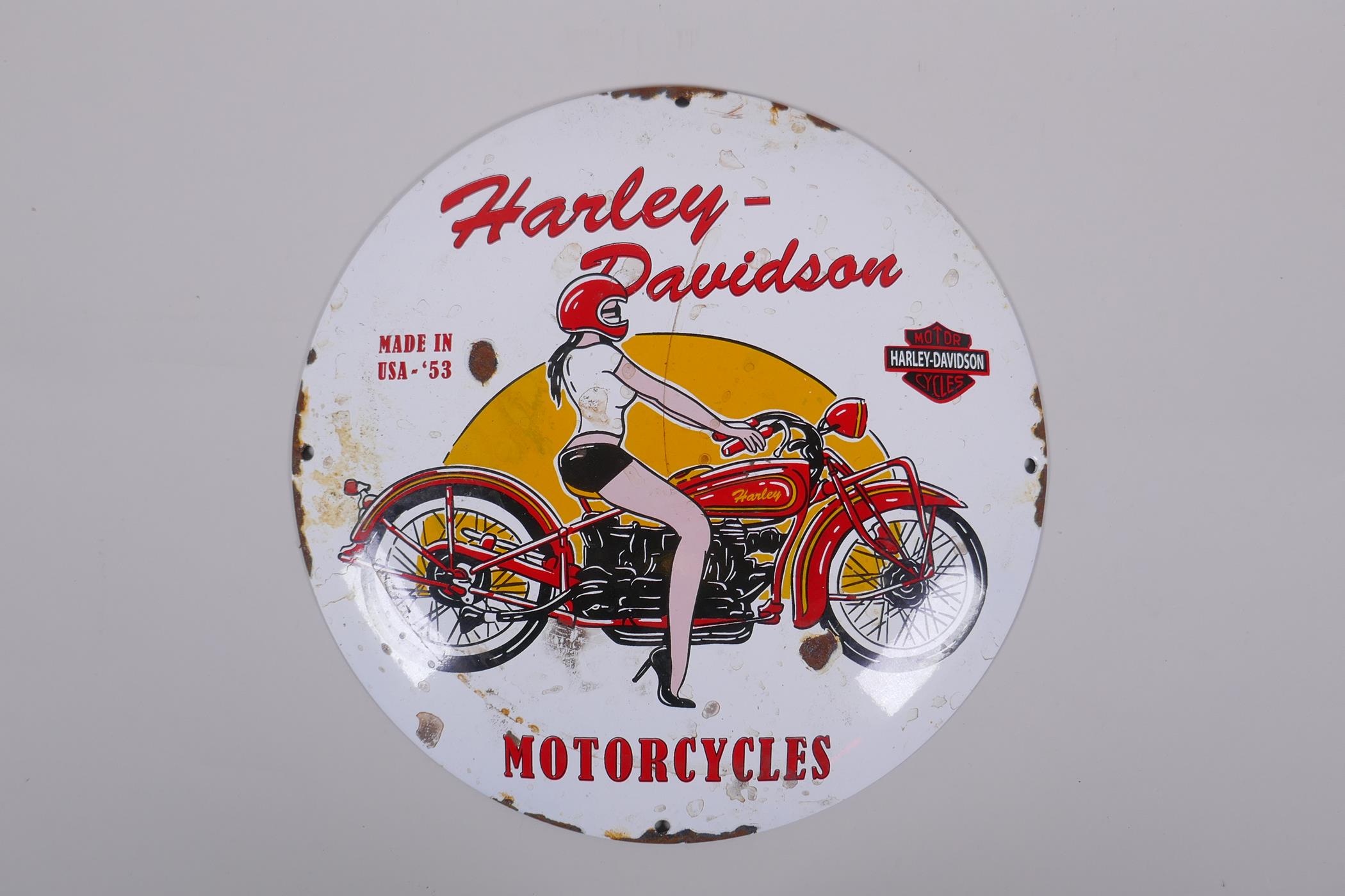 A vintage style Harley Davidson convex enamel advertising sign, 30cm diameter