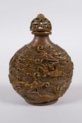 A Chinese bronze snuff bottle with raised dragon decoration, impressed 4 character mark to base, 8cm