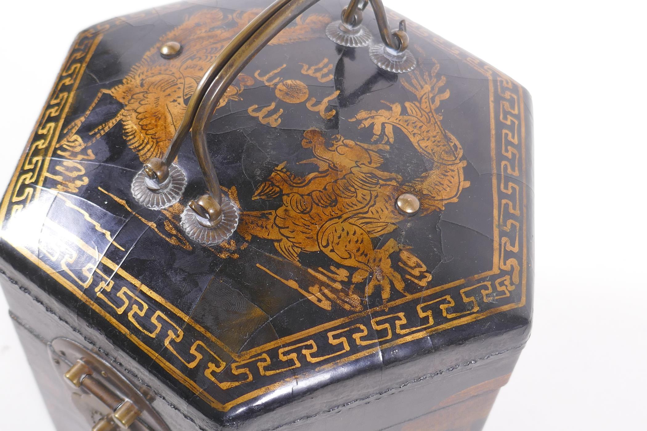 A Chinese black lacquer caddy of hexagonal form with gilt chinoiserie decoration and brass mounts, - Image 7 of 9