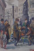 Jean Young, (New English Art Club), street scene with figures by a hot chestnut stall, signed, oil