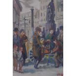 Jean Young, (New English Art Club), street scene with figures by a hot chestnut stall, signed, oil