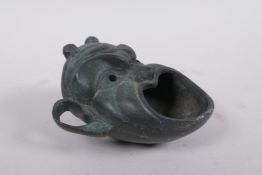 An antique Japanese bronze satyr mask censer, 11 x 11cm