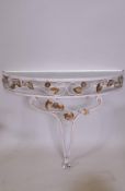 A painted wrought metal demi lune console table with glass top, 62 x 26cm, 49cm high
