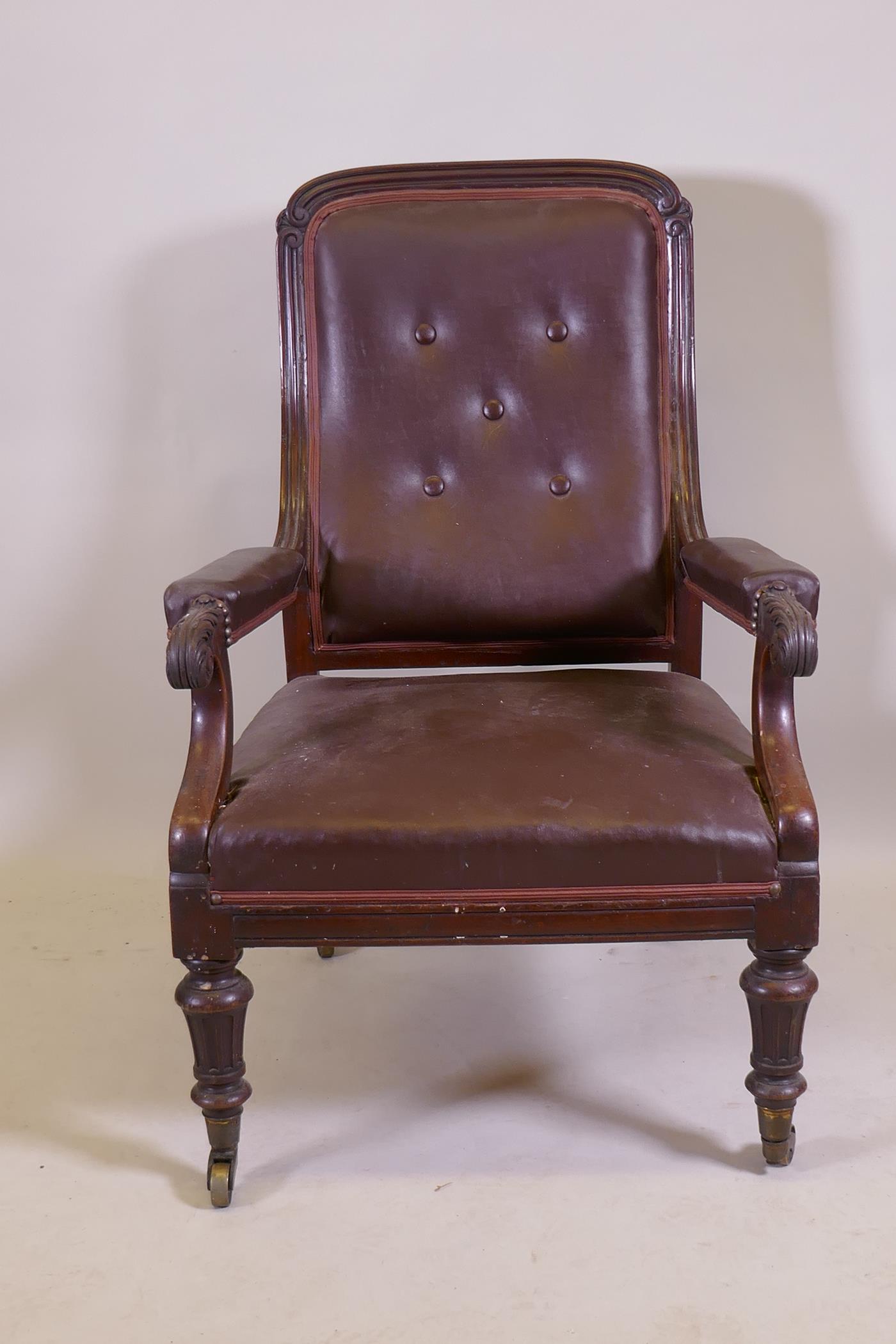 A C19th mahogany show frame armchair with reeded frame and carved and scrolled arms, raised on - Image 2 of 7