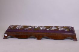 A Victorian walnut long footstool with beadwork upholstery, raised on shaped swept supports, AF, 122