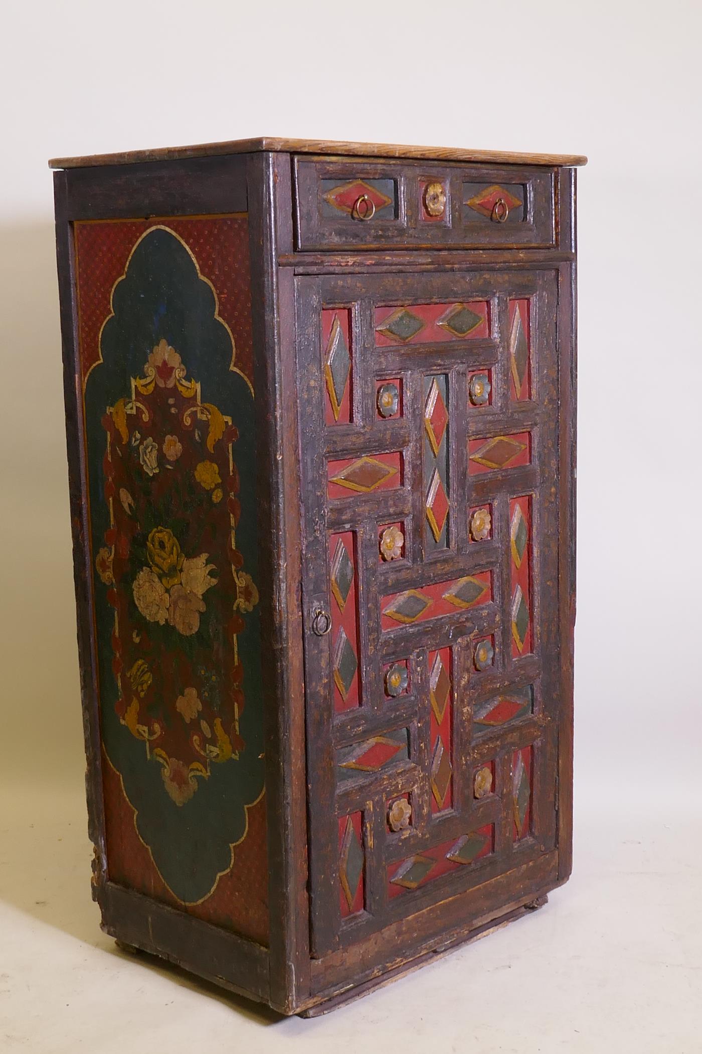 An early C19th east European painted pine cupboard, with moulded decoration, single drawer over - Image 3 of 4