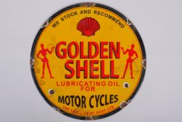 A vintage style Golden Shell enamel advertising sign, 30cm diameter
