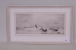 William Lionel Wyllie, Cobles at Newbiggin, Northumberland, etching, signed in pencil, 51 x 24cm