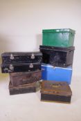 A quantity of antique metal deed boxes, Hobbs & Co strong box, and a vintage Coleman cool box