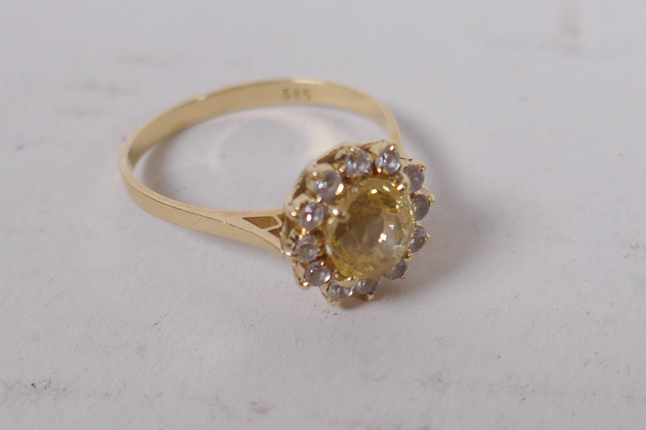 14ct gold ring set with central yellow sapphire surrounded by white sapphires, size N/O - Image 6 of 7