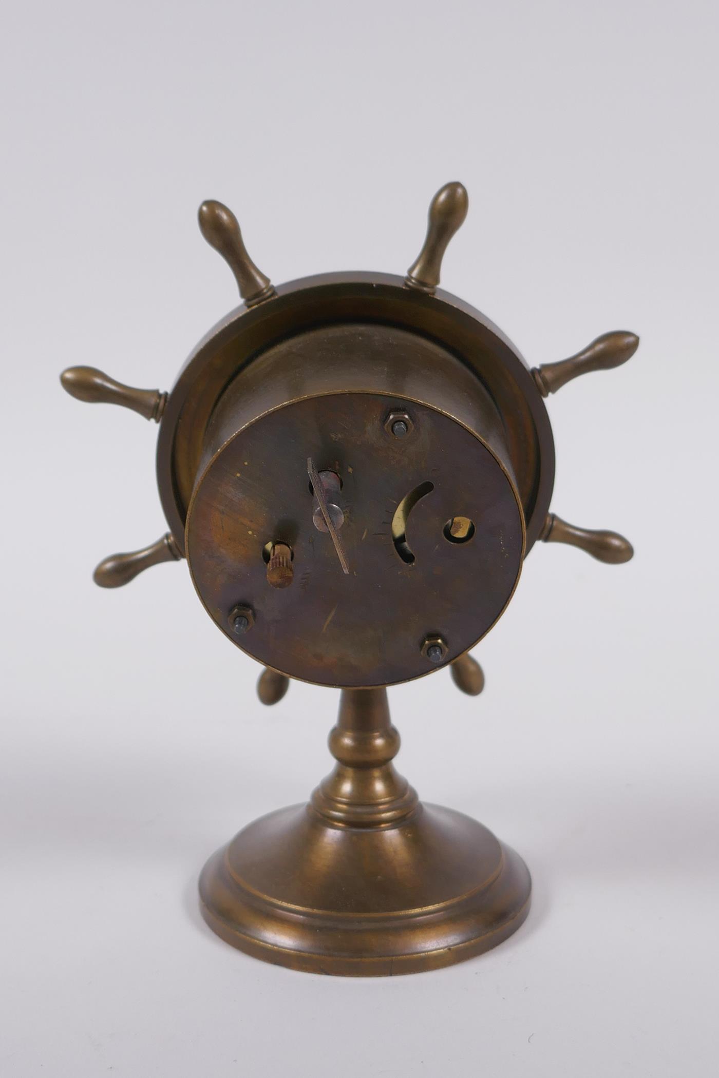A brass cased desk clock in the form of a ship's wheel, 16cm high - Image 3 of 3